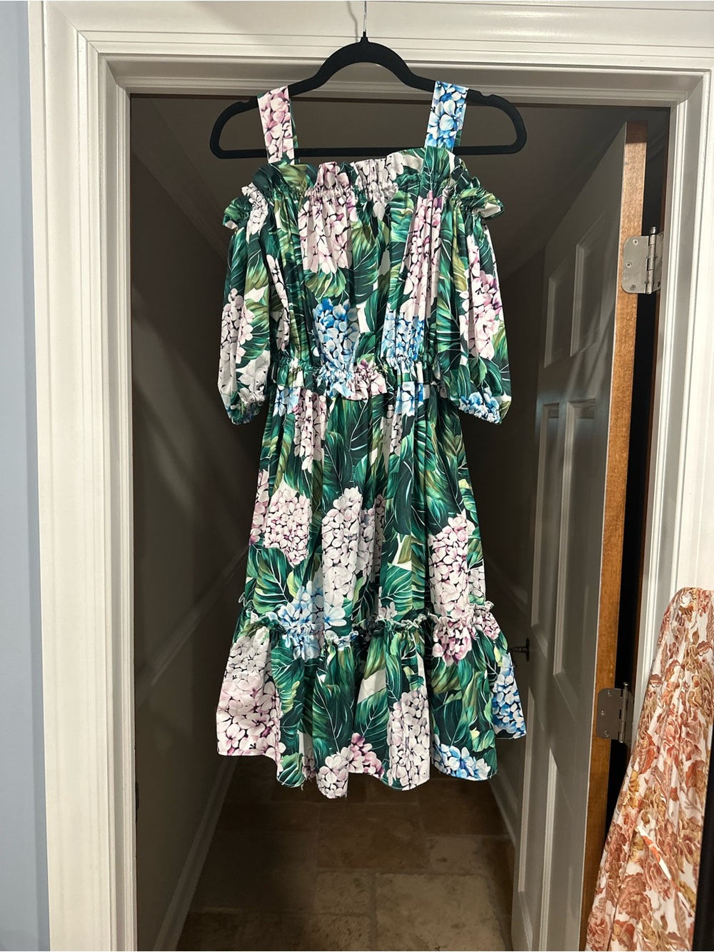 Tropical Floral Off-Shoulder Midi Dress in Green & White